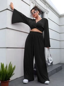 SHEIN Essnce Plus Twist Front Crop Top & Wide Leg Trousers Set - Black - View 1