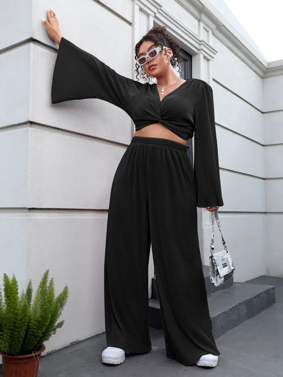SHEIN Essnce Plus Twist Front Crop Top & Wide Leg Trousers Set - Black - View 1