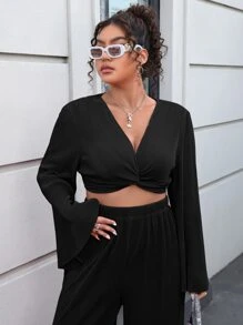 SHEIN Essnce Plus Twist Front Crop Top & Wide Leg Trousers Set - Black - View 5