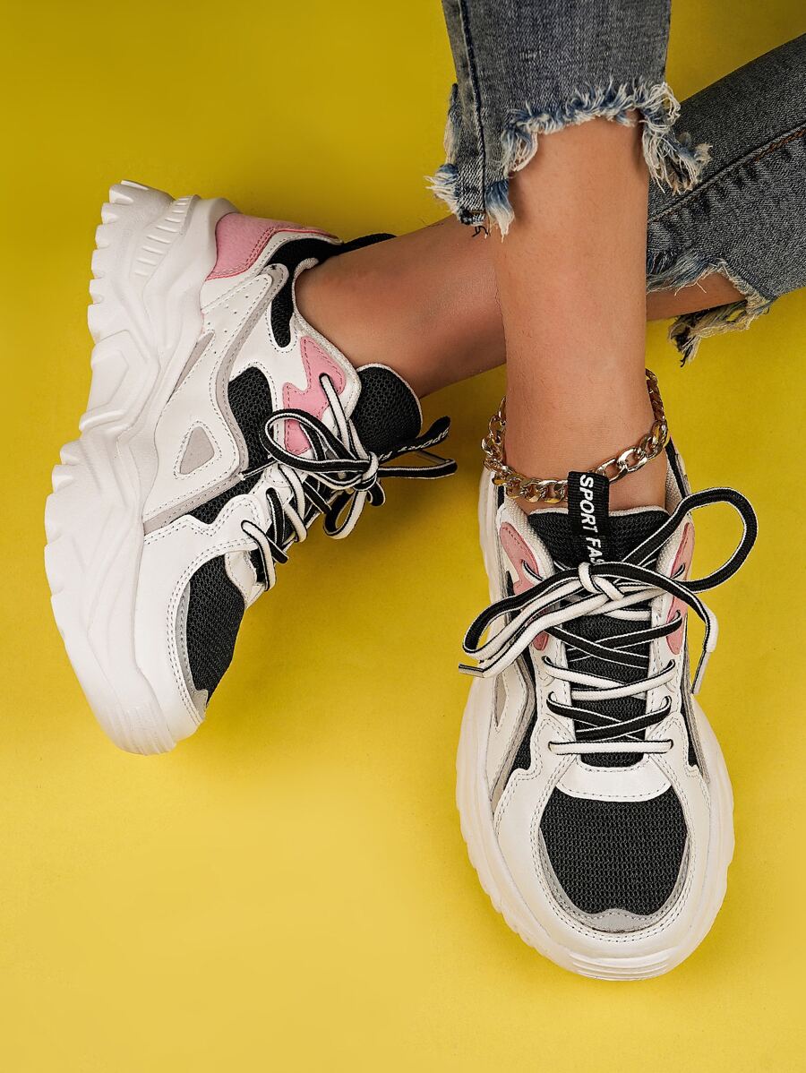 撞色前綁帶老爹鞋