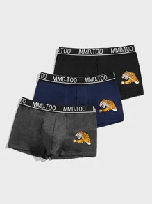 Men 3pcs Tiger Print Contrast Letter Tape Boxer Brief - Multicolor - View 3