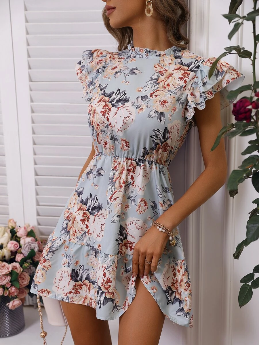 Breezaya Vestido con estampado floral ribete con fruncido - Celeste - Ver 1