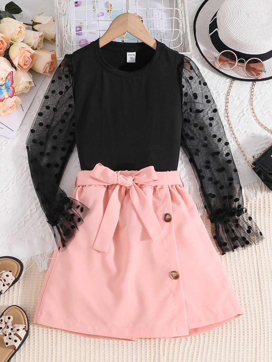 Girls Dobby Mesh Flounce Sleeve Top & Skort - Multicolor - View 1