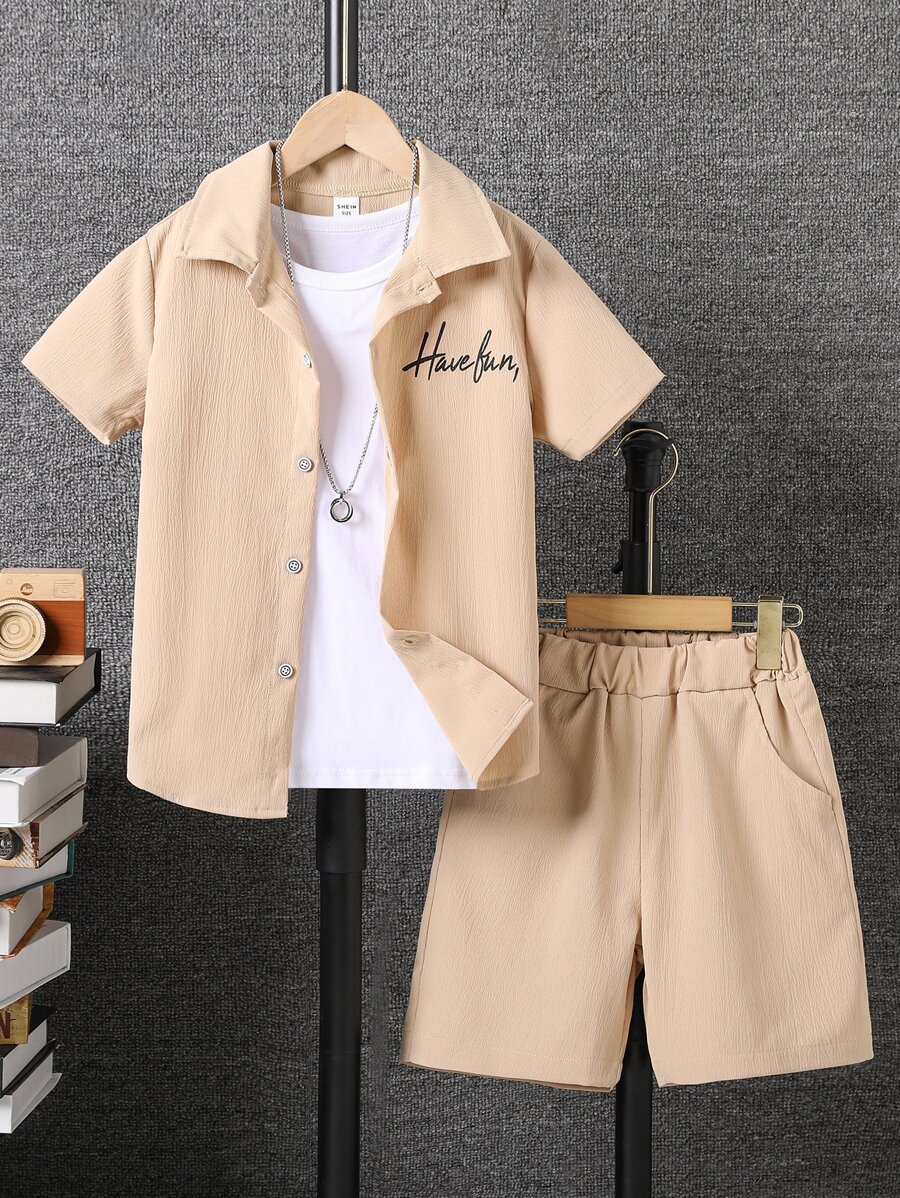 SHEIN Bộ hai mảnh Trai Túi Nút phía trước Lá thư Giải trí - Màu Khaki - Xem 1