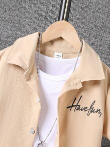 SHEIN Bộ hai mảnh Trai Túi Nút phía trước Lá thư Giải trí - Màu Khaki - Xem 7