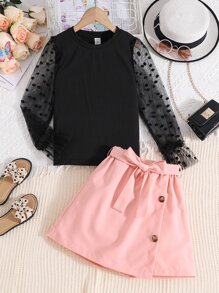 Girls Dobby Mesh Flounce Sleeve Top & Skort - Multicolor - View 7