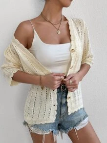 SHEIN Essnce Scallop Trim Puff Sleeve Cardigan - Apricot - View 4