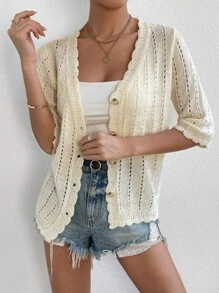 SHEIN Essnce Scallop Trim Puff Sleeve Cardigan - Apricot - View 5