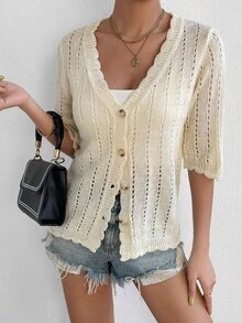 SHEIN Essnce Scallop Trim Puff Sleeve Cardigan - Apricot - View 6