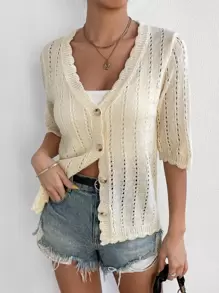 SHEIN Essnce Scallop Trim Puff Sleeve Cardigan - Apricot - View 1