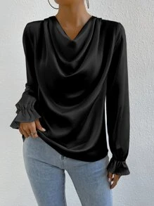 RosyDaze Blusa con fruncido delantero de manga con volante de satén
