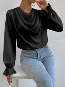 RosyDaze Blusa con fruncido delantero de manga con volante de satén