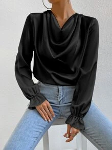 RosyDaze Blusa con fruncido delantero de manga con volante de satén