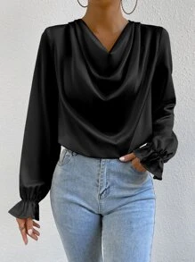 RosyDaze Blusa con fruncido delantero de manga con volante de satén