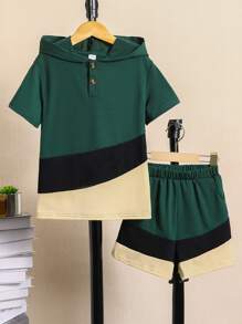Boys Colour Block Hooded Tee & Shorts - Dark Green - View 1