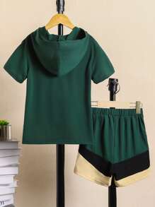 Boys Colour Block Hooded Tee & Shorts - Dark Green - View 2