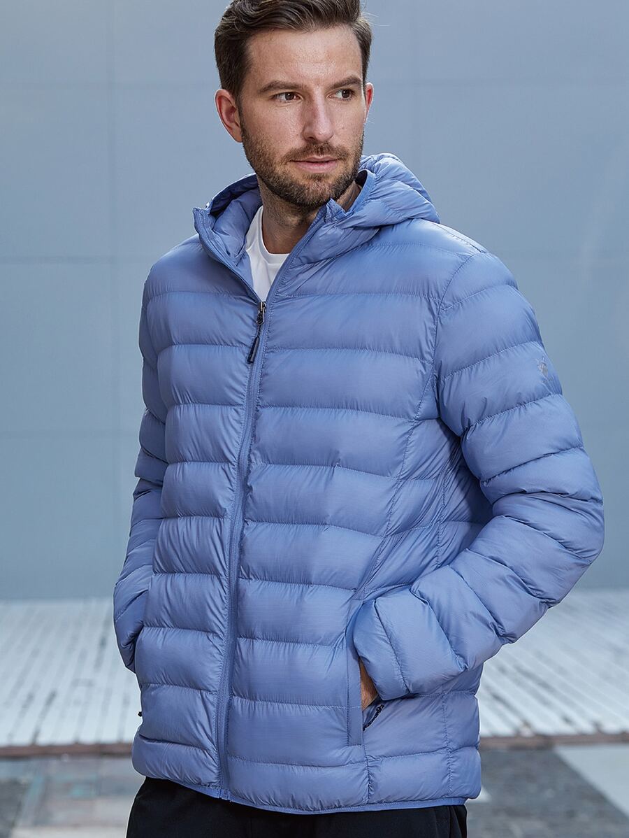 Men Zip Up Hooded Down Coat - Dusty Blue - View 1