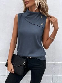 EMERY ROSE Top tank de cuello alto con diseño de botón - Neblina azul - Ver 6