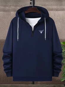 Manfinity Homme 男士小鹿刺繡四分之一拉鏈抽繩連帽衫 - 藏蓝色 - 查看 4