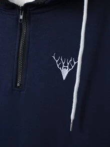 Manfinity Homme 男士小鹿刺繡四分之一拉鏈抽繩連帽衫 - 藏蓝色 - 查看 5