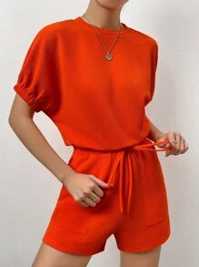 SHEIN LUNE 華夫格編織蝙蝠袖T恤和前打結雙口袋短褲 - 橘色 - 查看 3