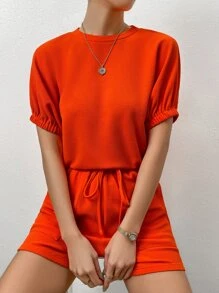 SHEIN LUNE 華夫格編織蝙蝠袖T恤和前打結雙口袋短褲 - 橘色 - 查看 6