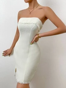 SHEIN Privé Split Hem Tube Bodycon Dress - Apricot - View 4