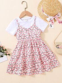 SHEIN Bộ thời trang bé gái viền lá sen Họa tiết hoa Boho - Nhiều màu - Xem 1