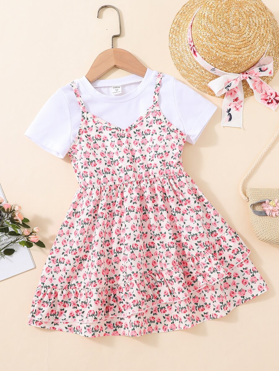 SHEIN Bộ thời trang bé gái viền lá sen Họa tiết hoa Boho - Nhiều màu - Xem 1