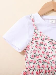 SHEIN Bộ thời trang bé gái viền lá sen Họa tiết hoa Boho - Nhiều màu - Xem 5