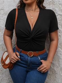 SHEIN Frenchy 大碼前扭結深V領T恤 - 黑色 - 查看 3