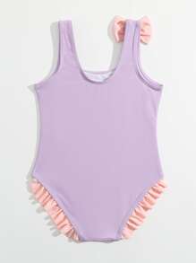 Toddler Girls Bow Front Ruffle Trim One Piece Swimsuit - Mauve Purple - View 2