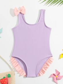 Toddler Girls Bow Front Ruffle Trim One Piece Swimsuit - Mauve Purple - View 5