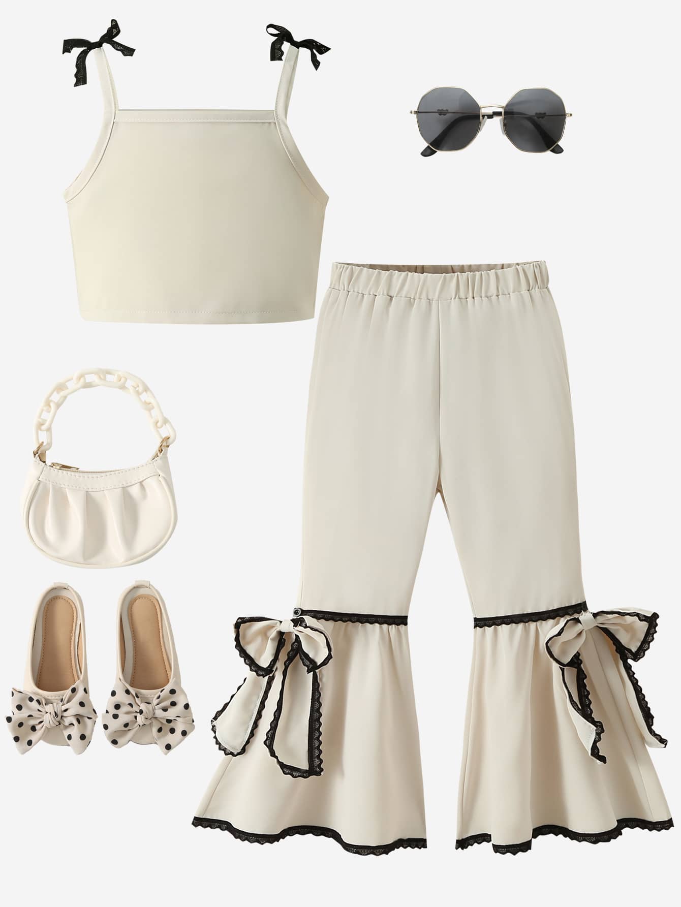 SHEIN 小女童1入組肩上打結吊帶上衣和1入組前蝴蝶結喇叭褲 - 米色 - 查看 1