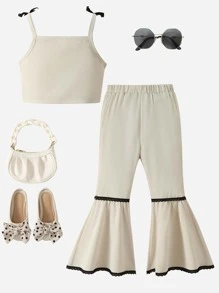 SHEIN 小女童1入組肩上打結吊帶上衣和1入組前蝴蝶結喇叭褲 - 米色 - 查看 2