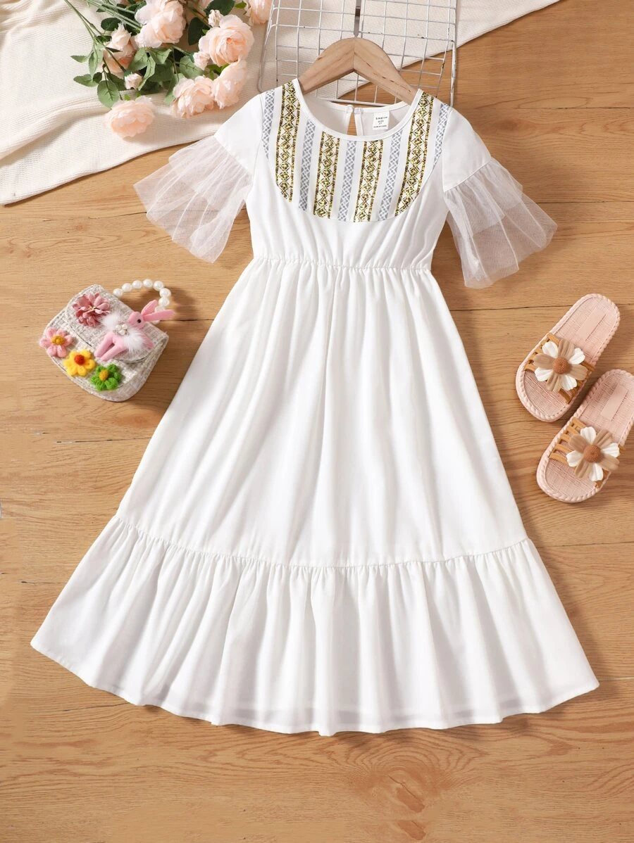 Toddler Girls Contrast Mesh Flounce Sleeve Ruffle Hem Dress - White - View 1