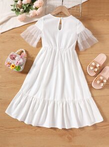 Toddler Girls Contrast Mesh Flounce Sleeve Ruffle Hem Dress - White - View 2