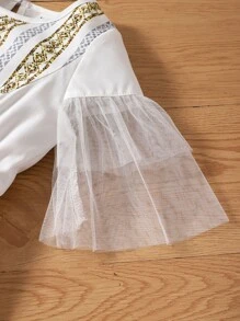 Toddler Girls Contrast Mesh Flounce Sleeve Ruffle Hem Dress - White - View 7