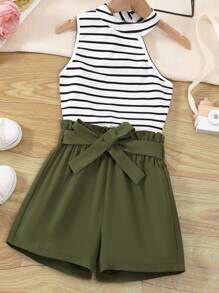 SHEIN 女孩條紋圖案不對稱背心上衣和紙袋腰短褲 - 彩色 - 查看 1