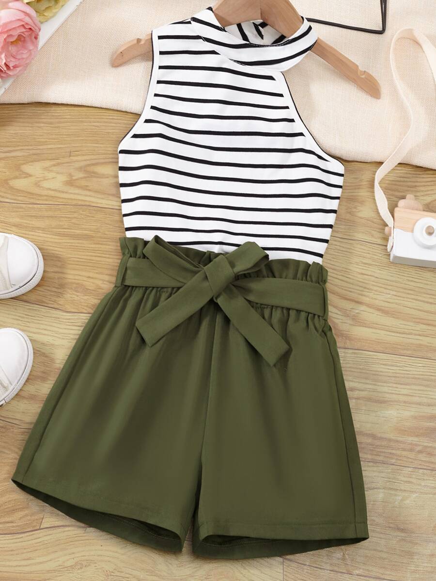 SHEIN 女孩條紋圖案不對稱背心上衣和紙袋腰短褲 - 彩色 - 查看 1