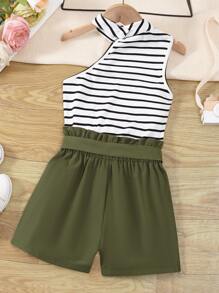 SHEIN 女孩條紋圖案不對稱背心上衣和紙袋腰短褲 - 彩色 - 查看 2