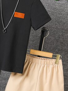 SHEIN Boys Letter Patched Detail Tee & Shorts - Multicolor - View 4