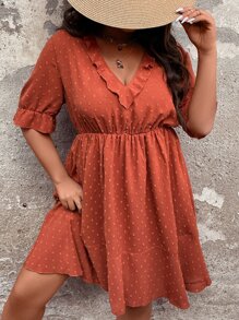 SHEIN LUNE 大碼圓點荷葉邊荷葉袖洋裝 - 亮橙色 - 查看 3