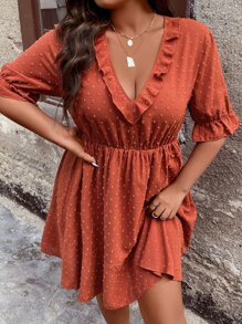 SHEIN LUNE 大碼圓點荷葉邊荷葉袖洋裝 - 亮橙色 - 查看 5