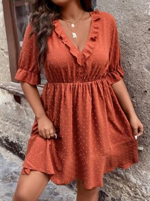 SHEIN LUNE 大碼圓點荷葉邊荷葉袖洋裝 - 亮橙色 - 查看 1