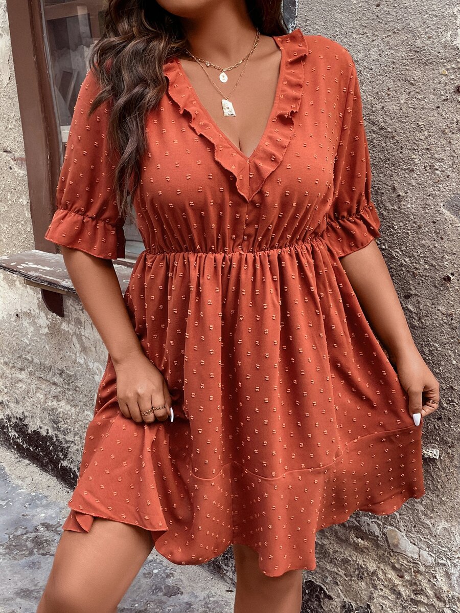 SHEIN LUNE 大碼圓點荷葉邊荷葉袖洋裝 - 亮橙色 - 查看 1