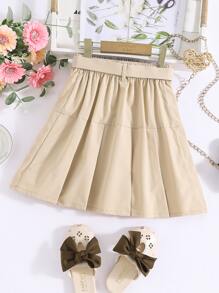 Teen Girls Solid Pleated Skirt With Belt