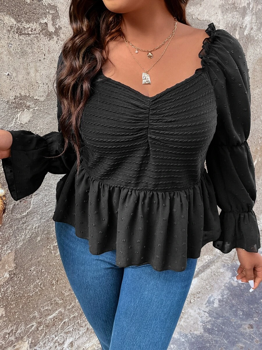 Calvaya Plus Ruched Virago Sleeve Peplum Blouse - Black - View 1