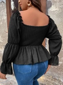 Calvaya Plus Ruched Virago Sleeve Peplum Blouse - Black - View 2