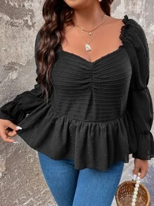 Calvaya Plus Ruched Virago Sleeve Peplum Blouse - Black - View 3